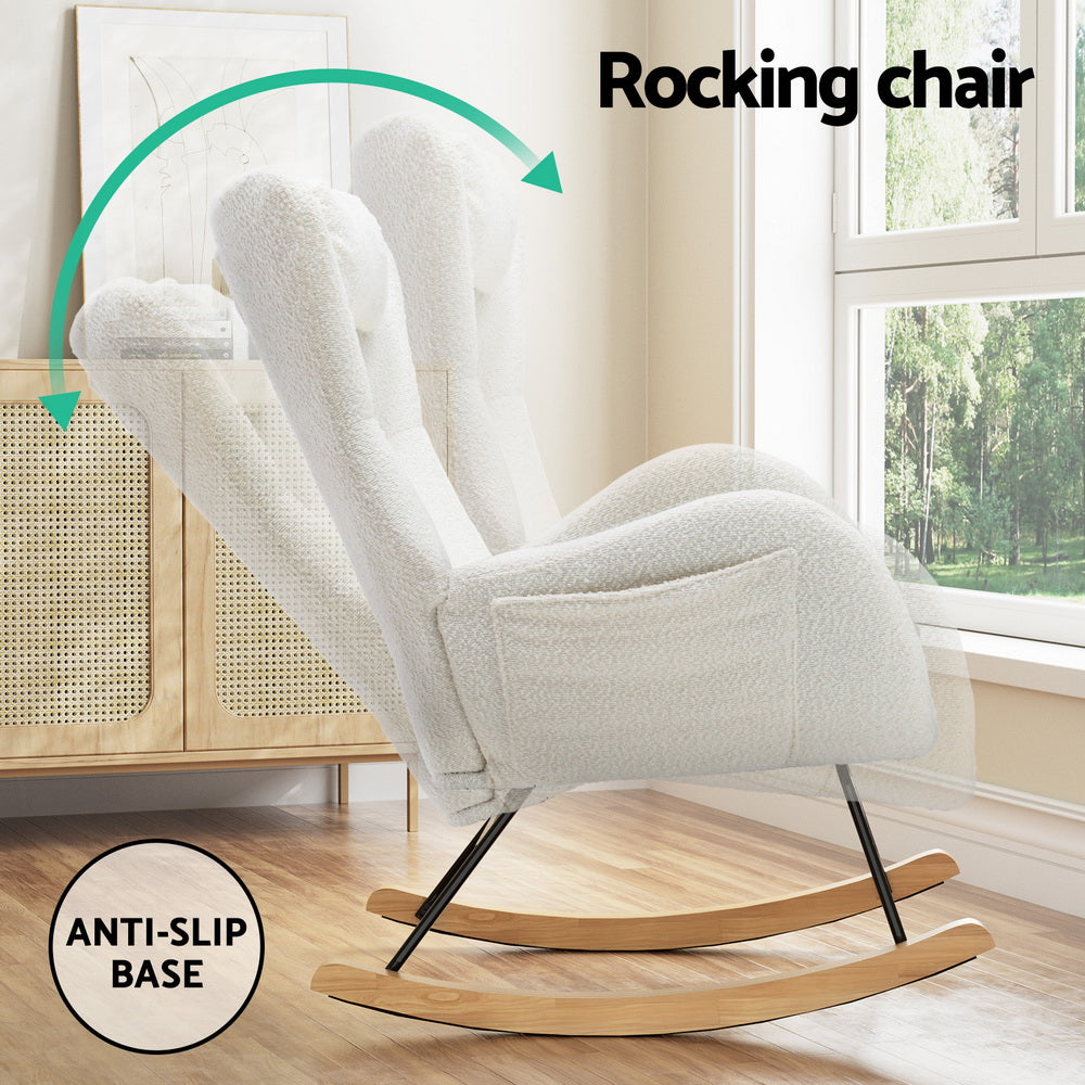 Arm Chairs & Recliners: Artiss Rocking Chair Armchair Pillow Boucle White