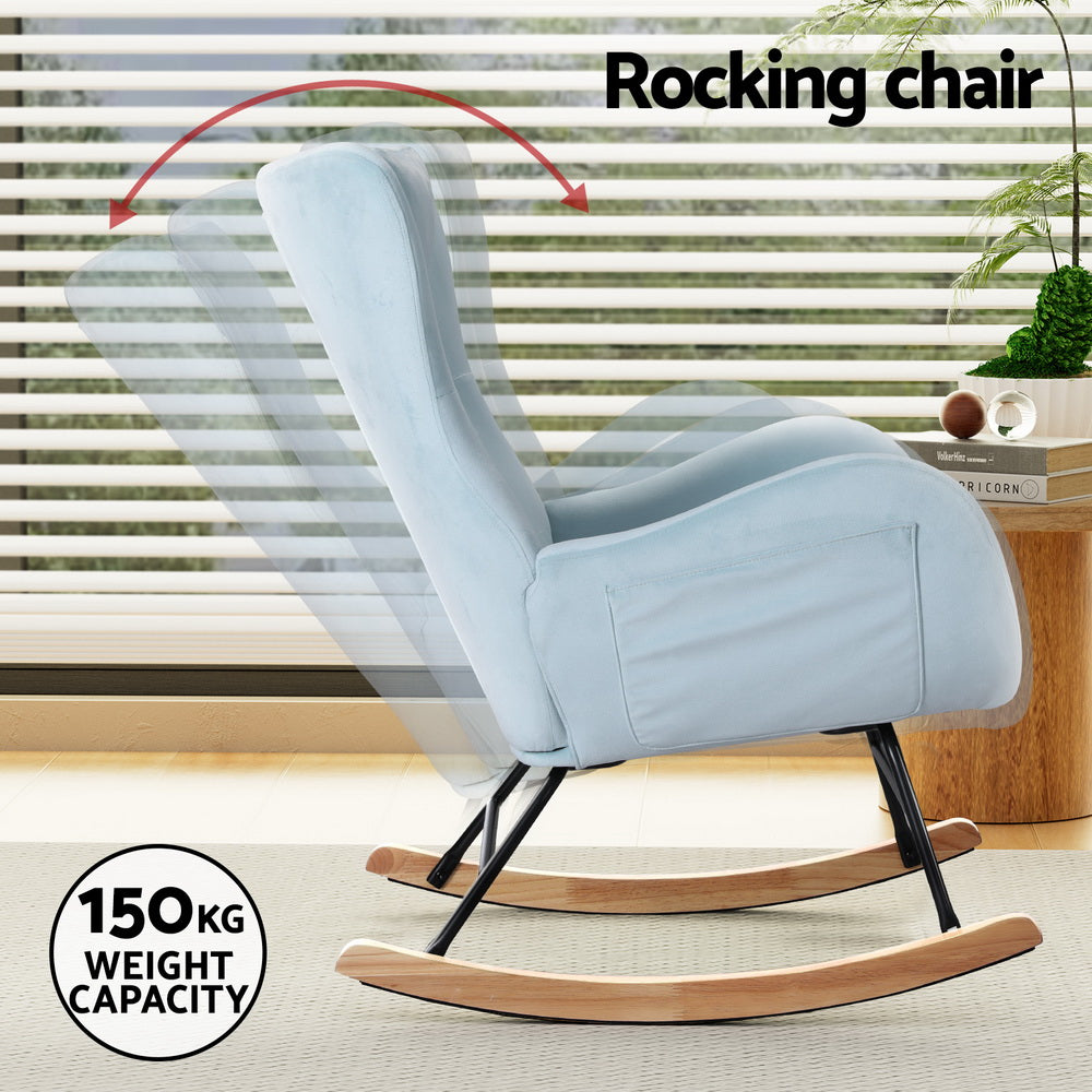 Arm Chairs & Recliners: Artiss Rocking Chair Armchair Pillow Velvet Blue