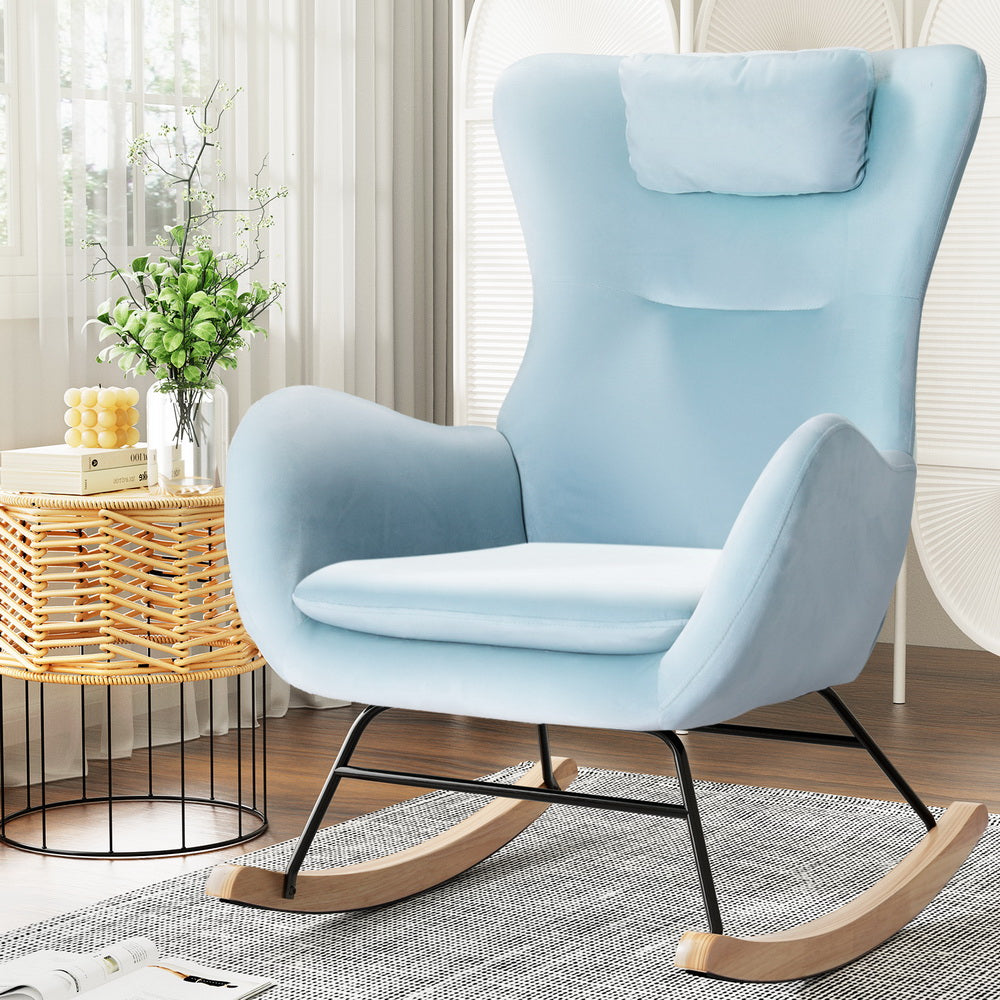 Arm Chairs & Recliners: Artiss Rocking Chair Armchair Pillow Velvet Blue