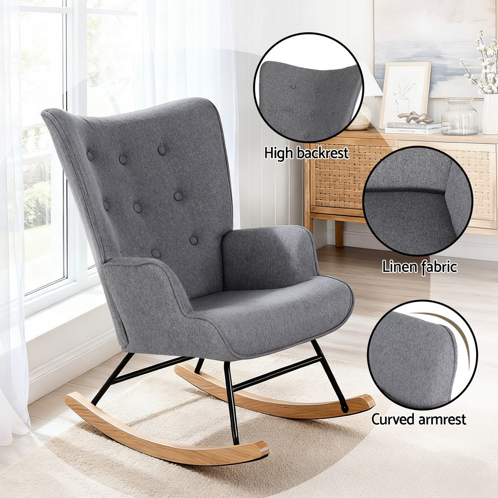 Arm Chairs & Recliners: Artiss Rocking Armchair Nursing Chair Linen Fabric Grey