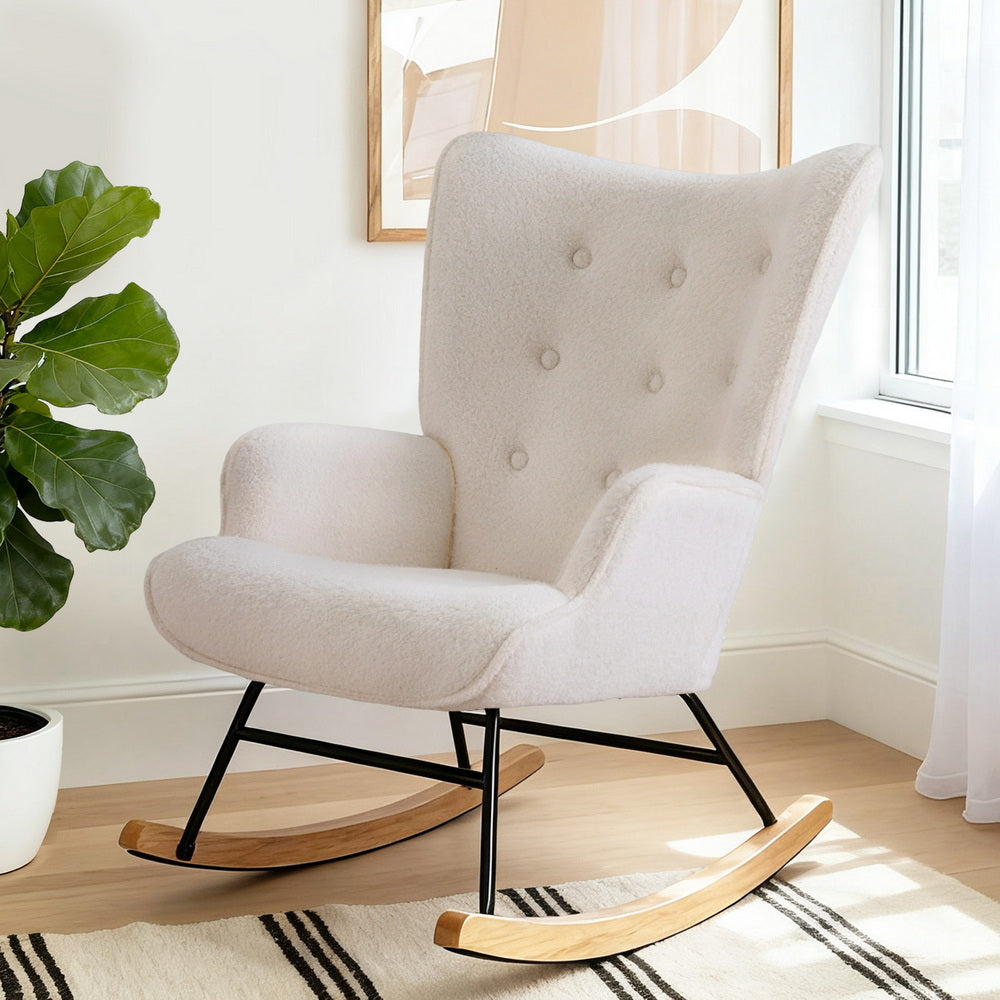 Arm Chairs & Recliners: Artiss Rocking Armchair Nursing Chair Boucle Fabric White