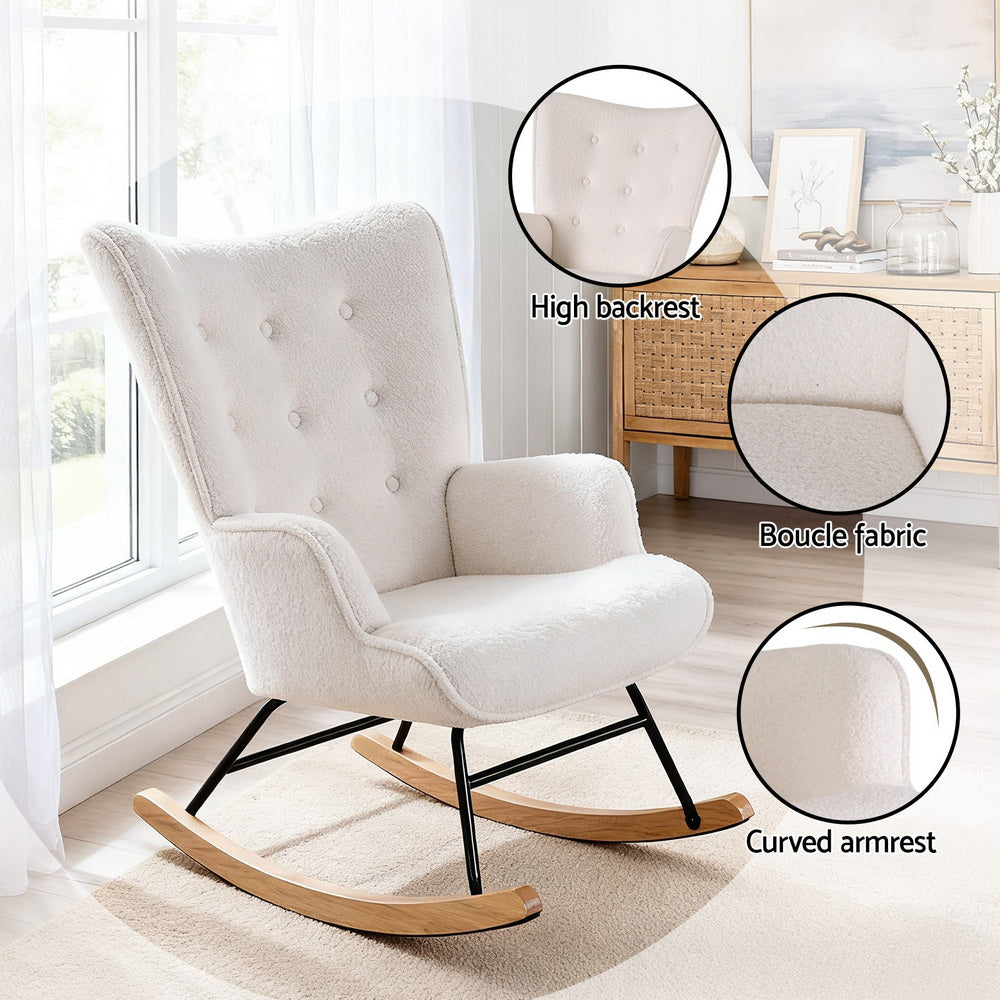 Arm Chairs & Recliners: Artiss Rocking Armchair Nursing Chair Boucle Fabric White