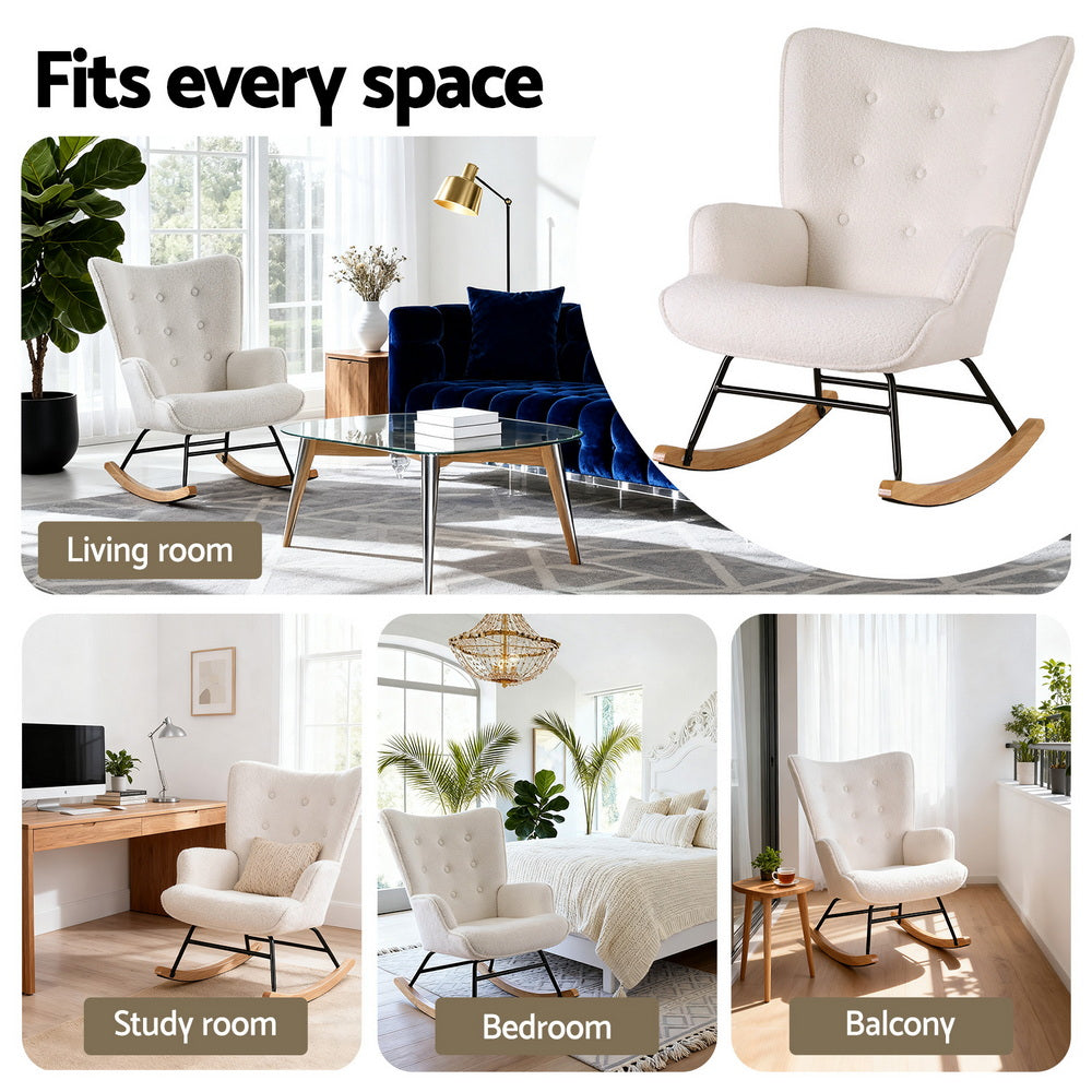 Arm Chairs & Recliners: Artiss Rocking Armchair Nursing Chair Boucle Fabric White