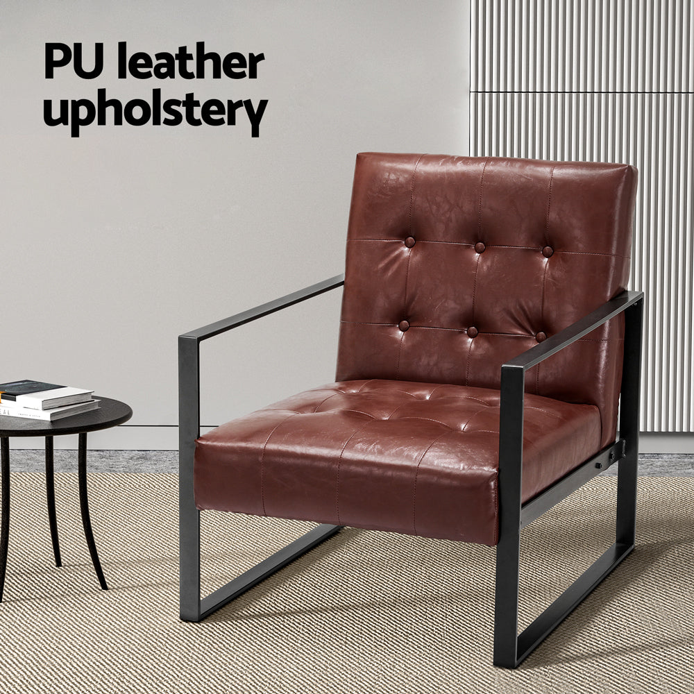 Arm Chairs & Recliners: Artiss Armchair Lounge Chair Accent Chairs PU Leather Sofa Brown Metal Frame