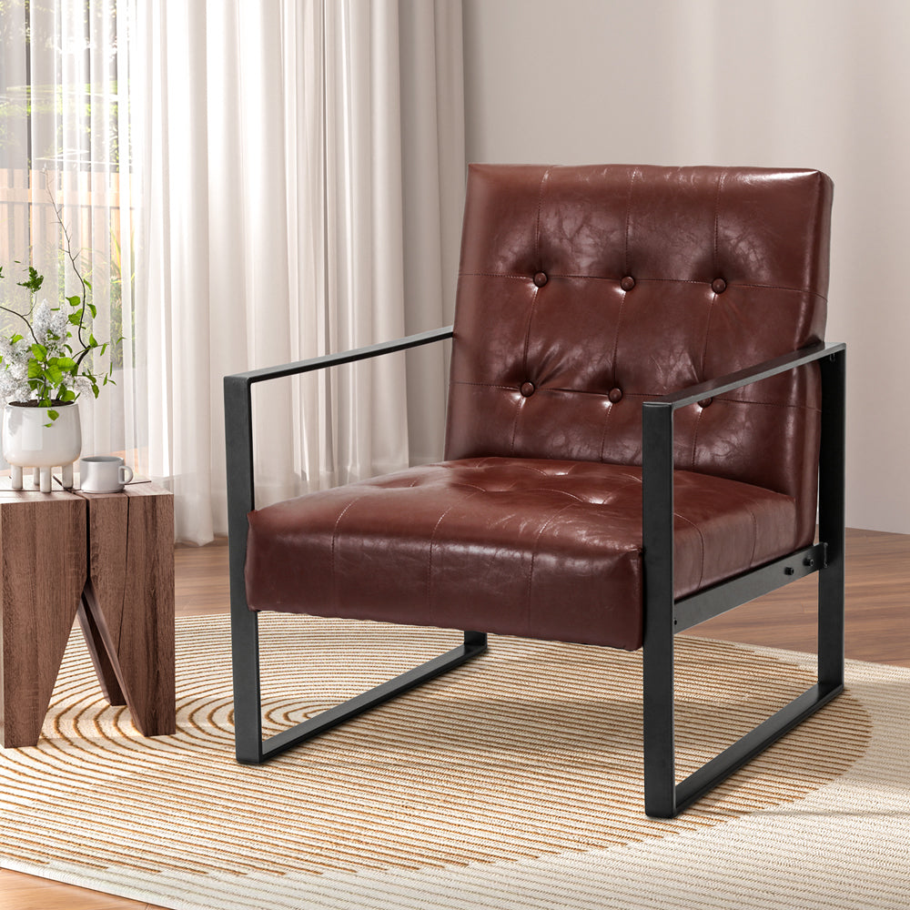 Arm Chairs & Recliners: Artiss Armchair Lounge Chair Accent Chairs PU Leather Sofa Brown Metal Frame