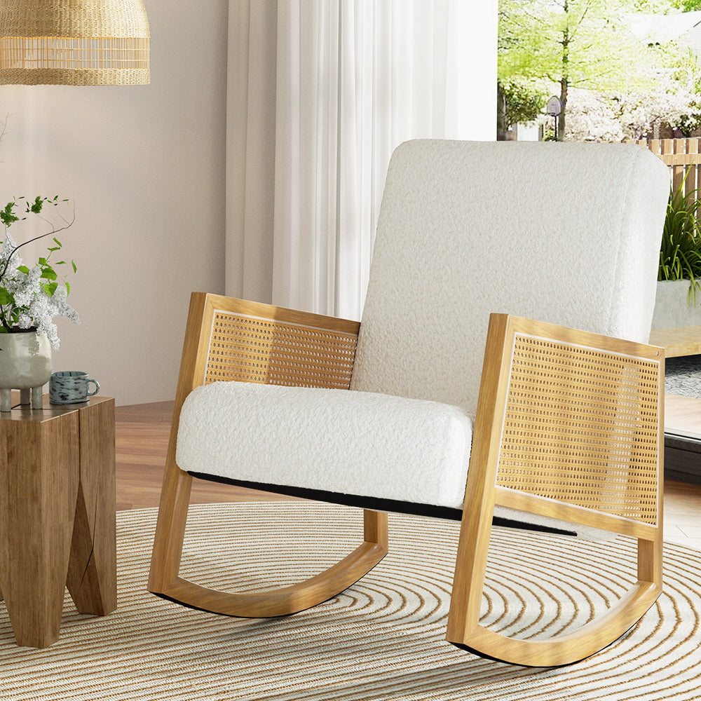 Arm Chairs & Recliners: Artiss Armchair Rocking Chair Boucle Rattan White