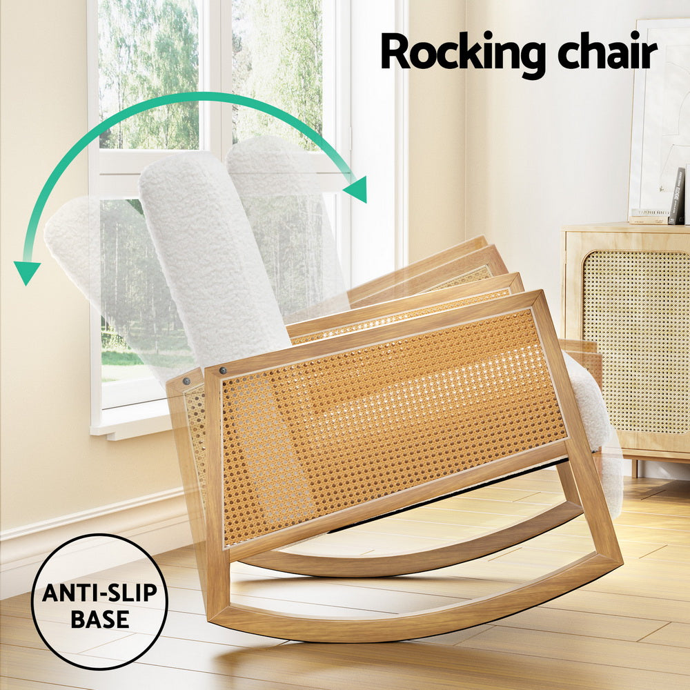 Arm Chairs & Recliners: Artiss Armchair Rocking Chair Boucle Rattan White