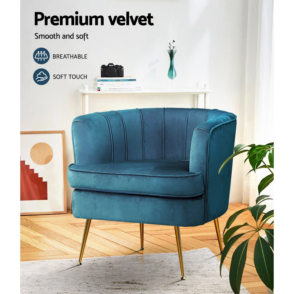 Arm Chairs & Recliners: Artiss Armchair Velvet Blue Norvia