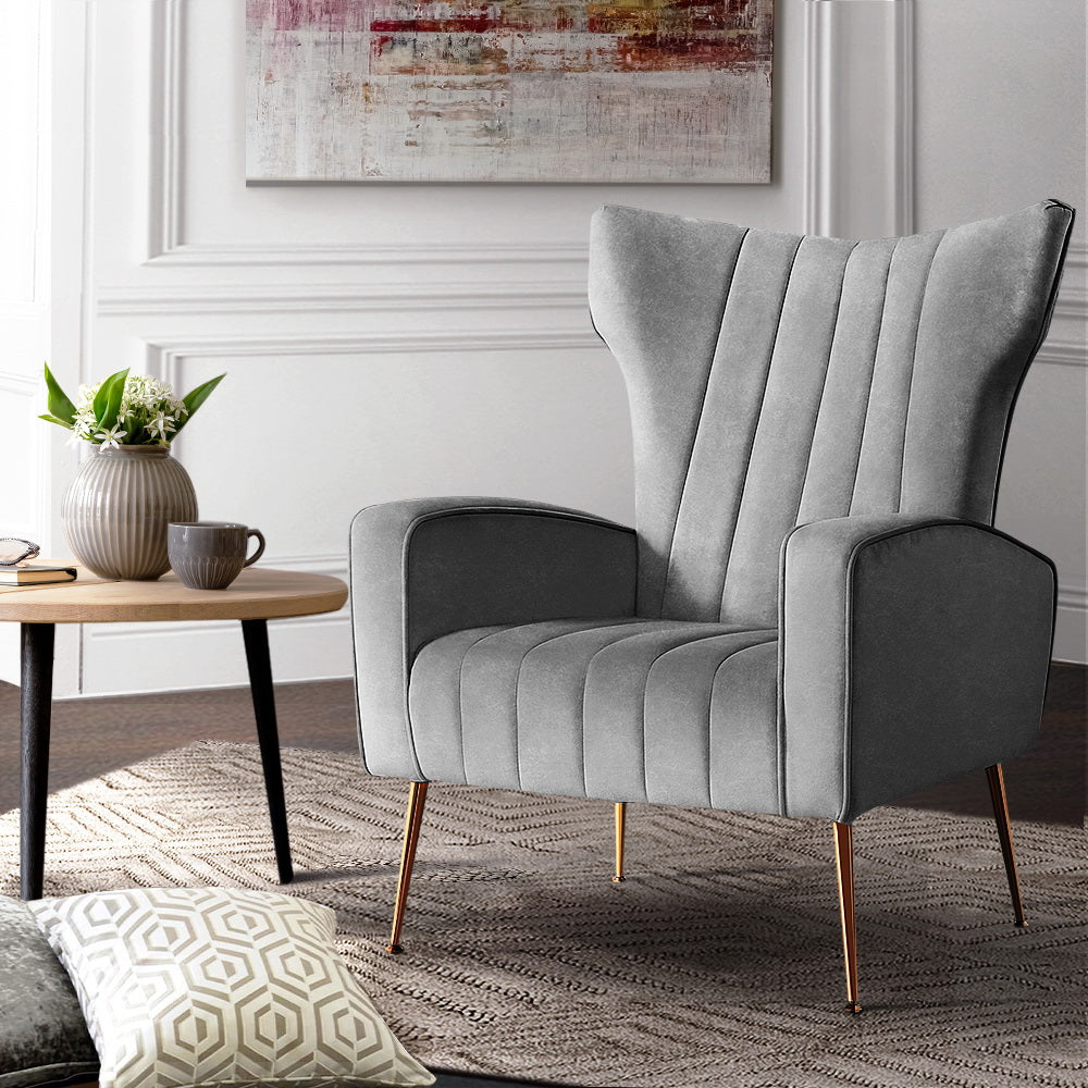 Arm Chairs & Recliners: Artiss Armchair Grey Velvet Kate