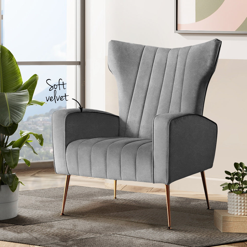 Arm Chairs & Recliners: Artiss Armchair Grey Velvet Kate
