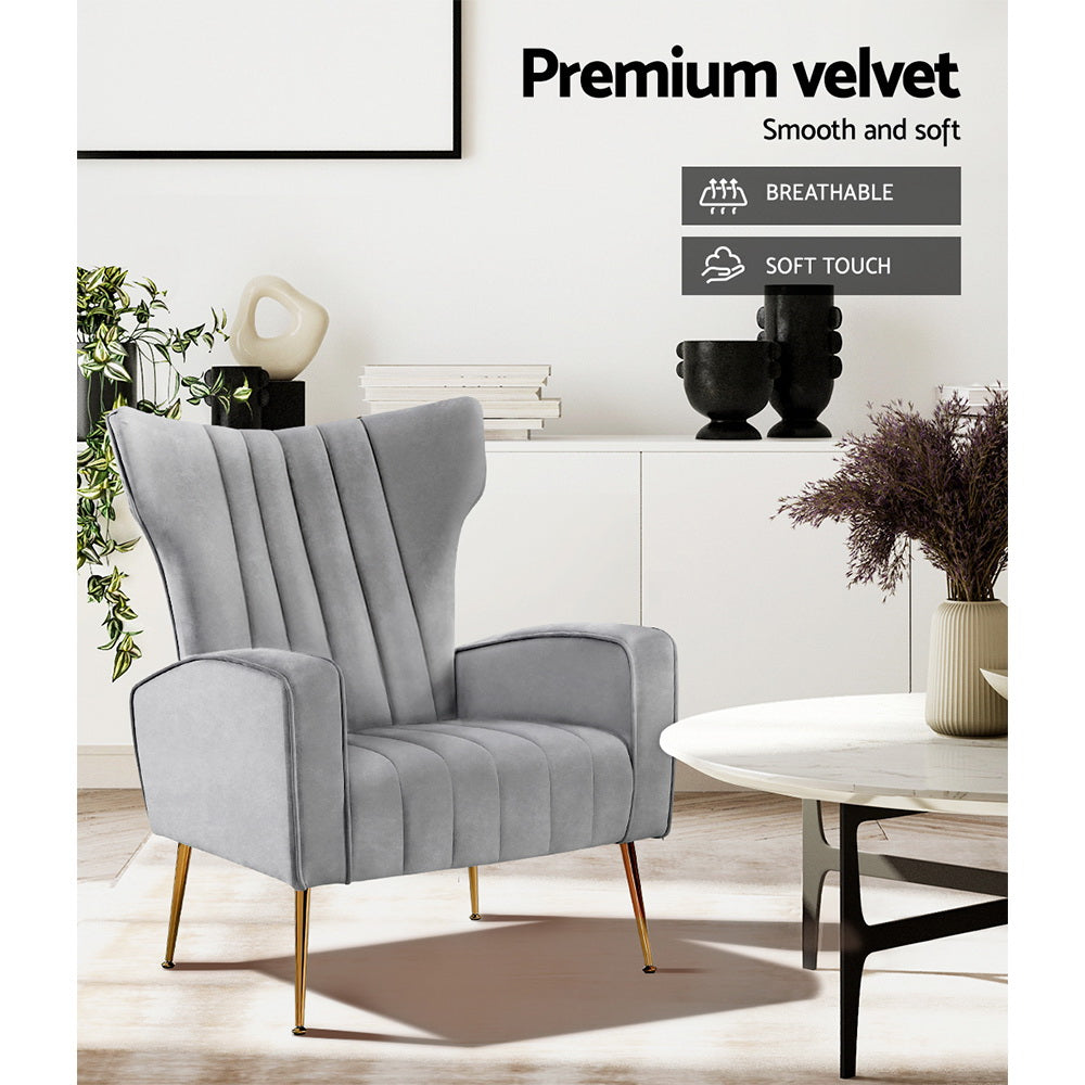 Arm Chairs & Recliners: Artiss Armchair Grey Velvet Kate