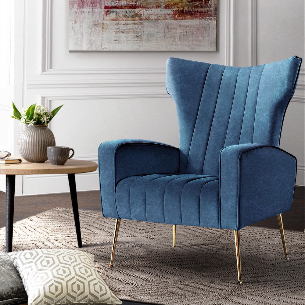 Arm Chairs & Recliners: Artiss Armchair Navy Velvet Kate
