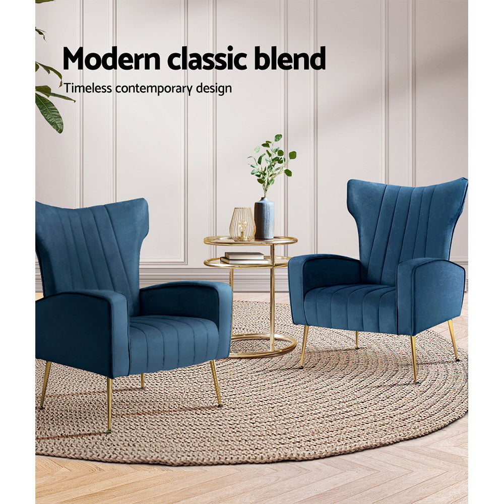 Arm Chairs & Recliners: Artiss Armchair Navy Velvet Kate