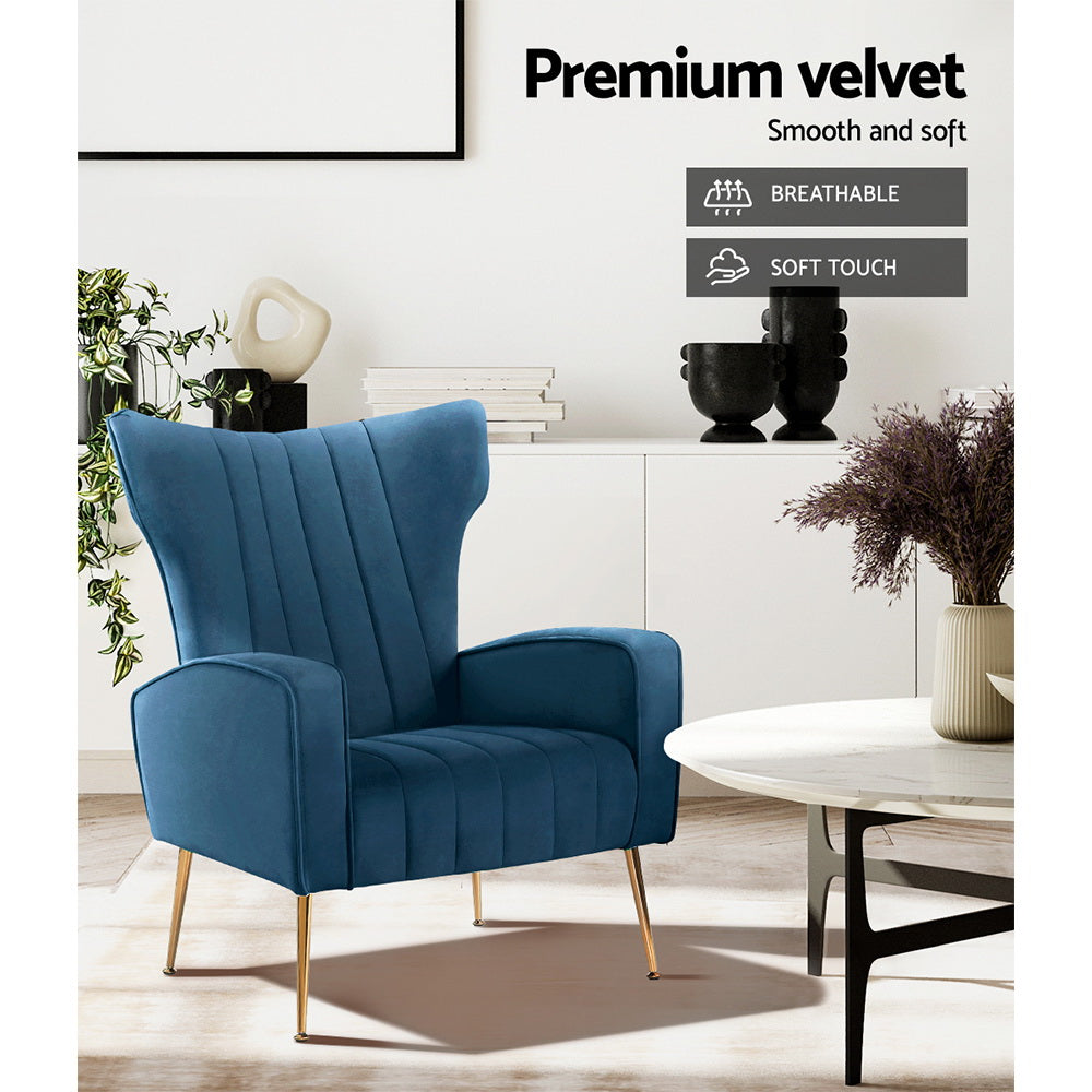 Arm Chairs & Recliners: Artiss Armchair Navy Velvet Kate