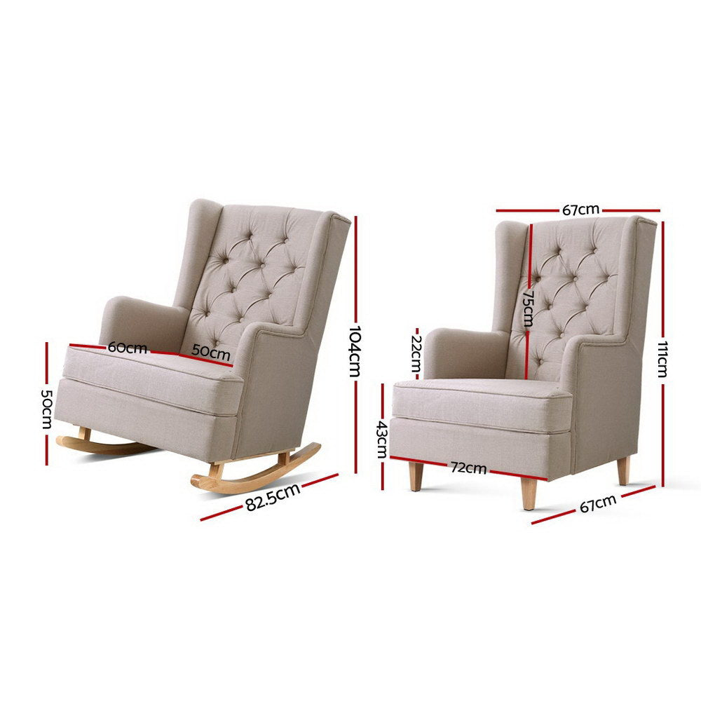 Arm Chairs & Recliners: Artiss Rocking Chair Armchair Linen Fabric Beige Gaia