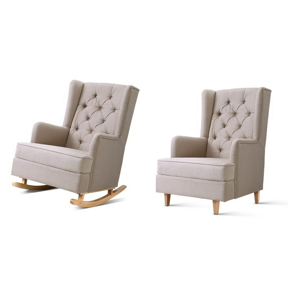 Arm Chairs & Recliners: Artiss Rocking Chair Armchair Linen Fabric Beige Gaia