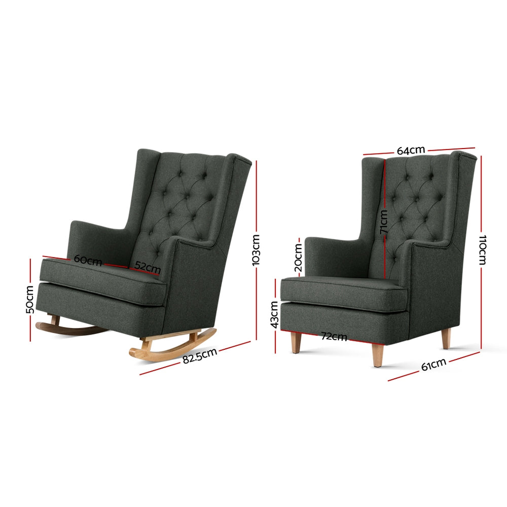 Arm Chairs & Recliners: Artiss Rocking Chair Armchair Linen Fabric Charcoal Gaia