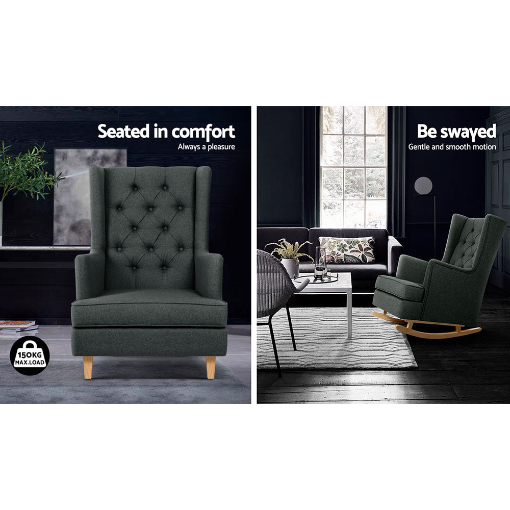 Arm Chairs & Recliners: Artiss Rocking Chair Armchair Linen Fabric Charcoal Gaia