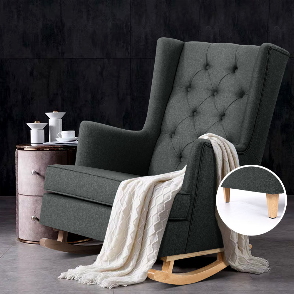 Arm Chairs & Recliners: Artiss Rocking Chair Armchair Linen Fabric Charcoal Gaia