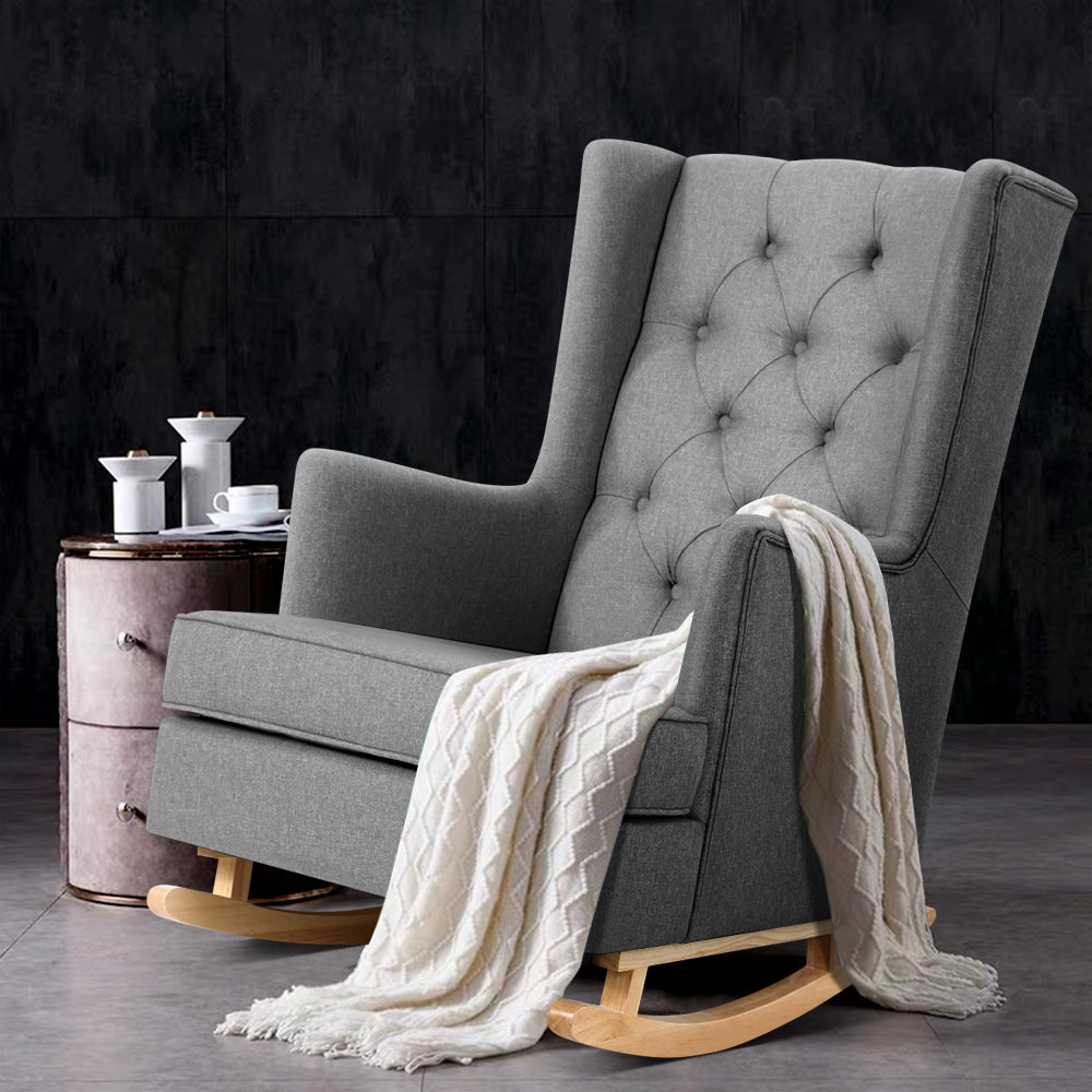 Arm Chairs & Recliners: Artiss Rocking Chair Armchair Linen Fabric Grey Gaia
