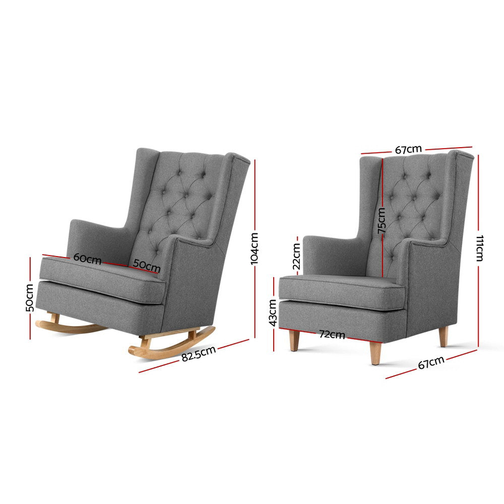 Arm Chairs & Recliners: Artiss Rocking Chair Armchair Linen Fabric Grey Gaia