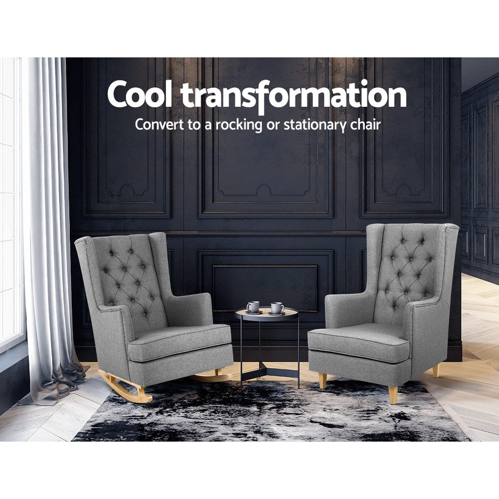 Arm Chairs & Recliners: Artiss Rocking Chair Armchair Linen Fabric Grey Gaia