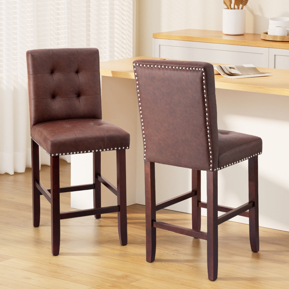 Table & Bar Stools: Artiss 2x Bar Stools Kitchen Dining Chairs Counter PU Leather Wooden Ada Brown