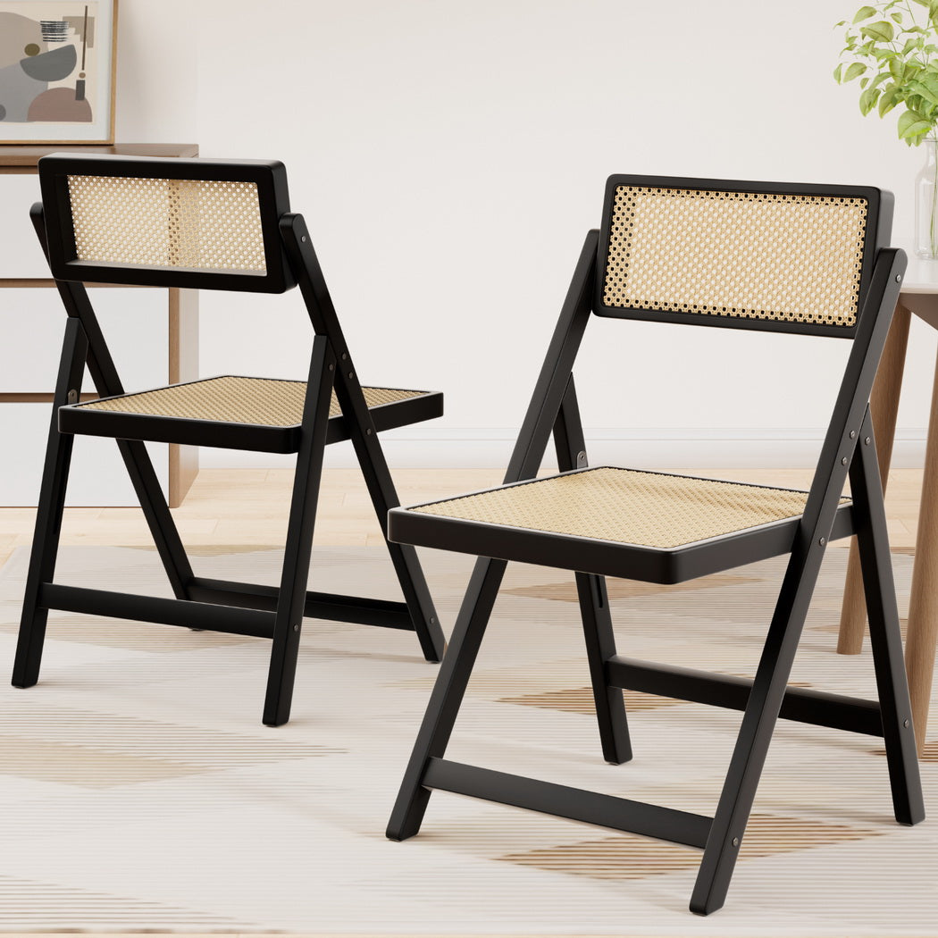 Kitchen & Dining Chairs: Artiss 2x Dining Chairs Wooden Rattan Foldable Black
