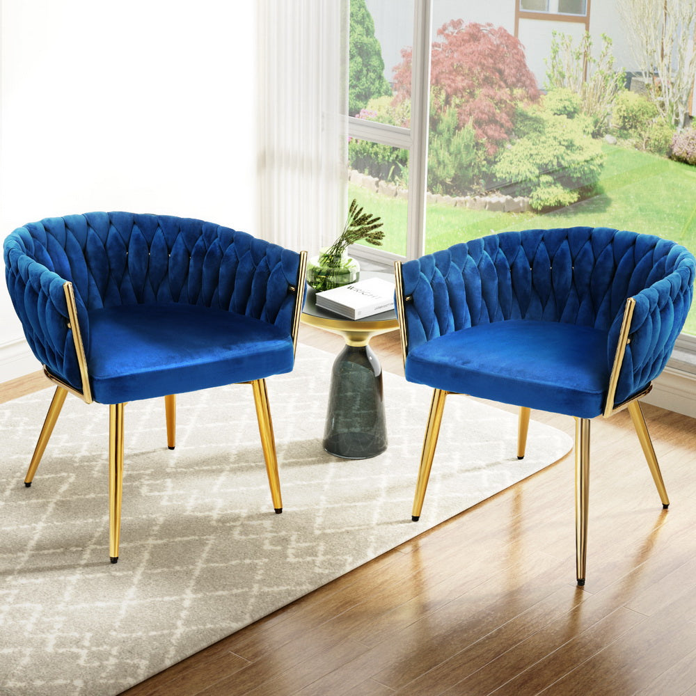 Kitchen & Dining Chairs: 1 Set of 2 Artiss Dining Chairs Velvet Weaving Armchair Blue