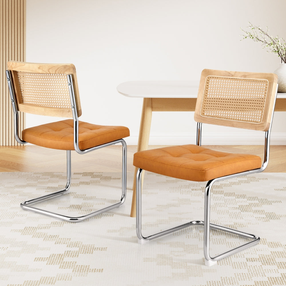 Kitchen & Dining Chairs: Artiss Dining Chairs Set of 2 PU Leather Rattan Cantilever Brown