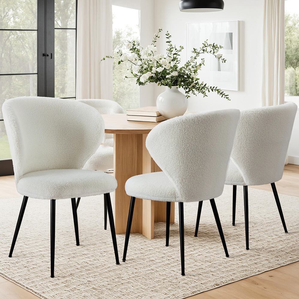 Kitchen & Dining Chairs: Artiss 4x Dining Chairs Sherpa Boucle Wing Back White