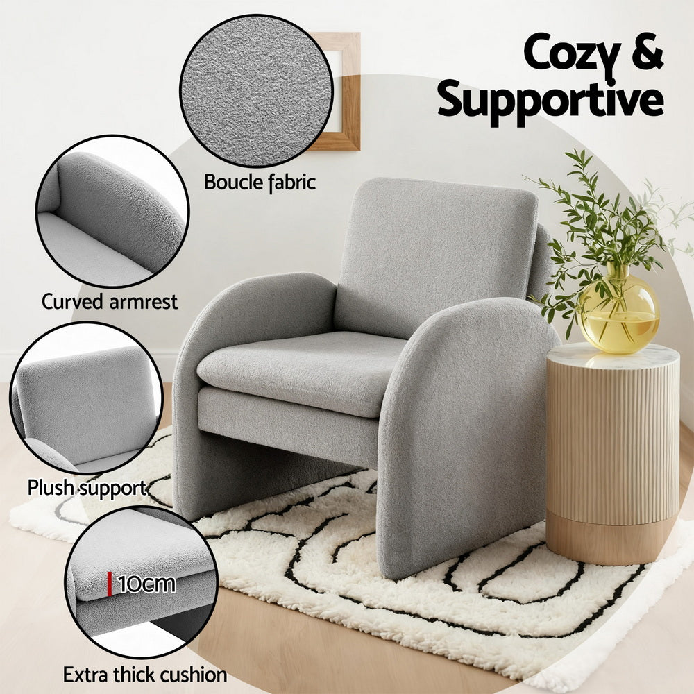 Arm Chairs & Recliners: Artiss Armchair Accent Chair Lounge Tub Sofa Couch Curved Arm Seat Boucle Grey