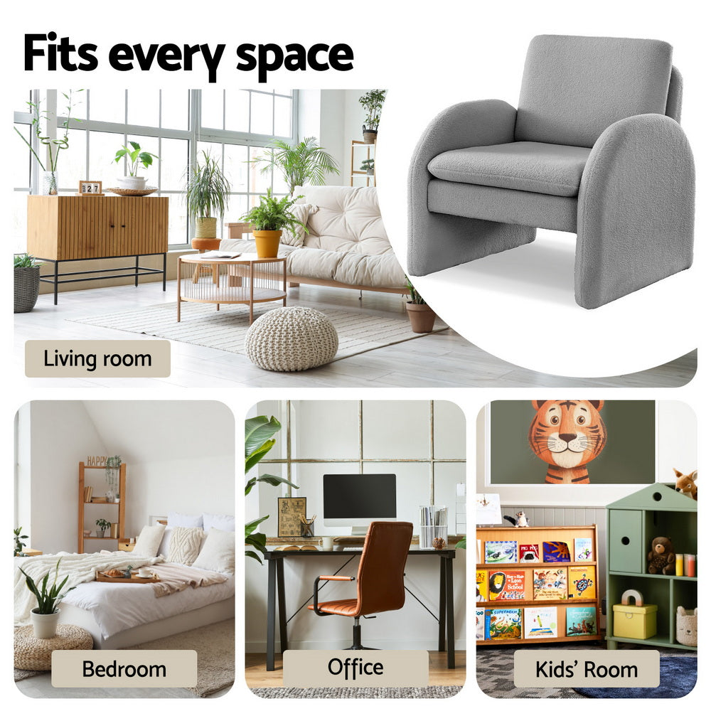Arm Chairs & Recliners: Artiss Armchair Accent Chair Lounge Tub Sofa Couch Curved Arm Seat Boucle Grey