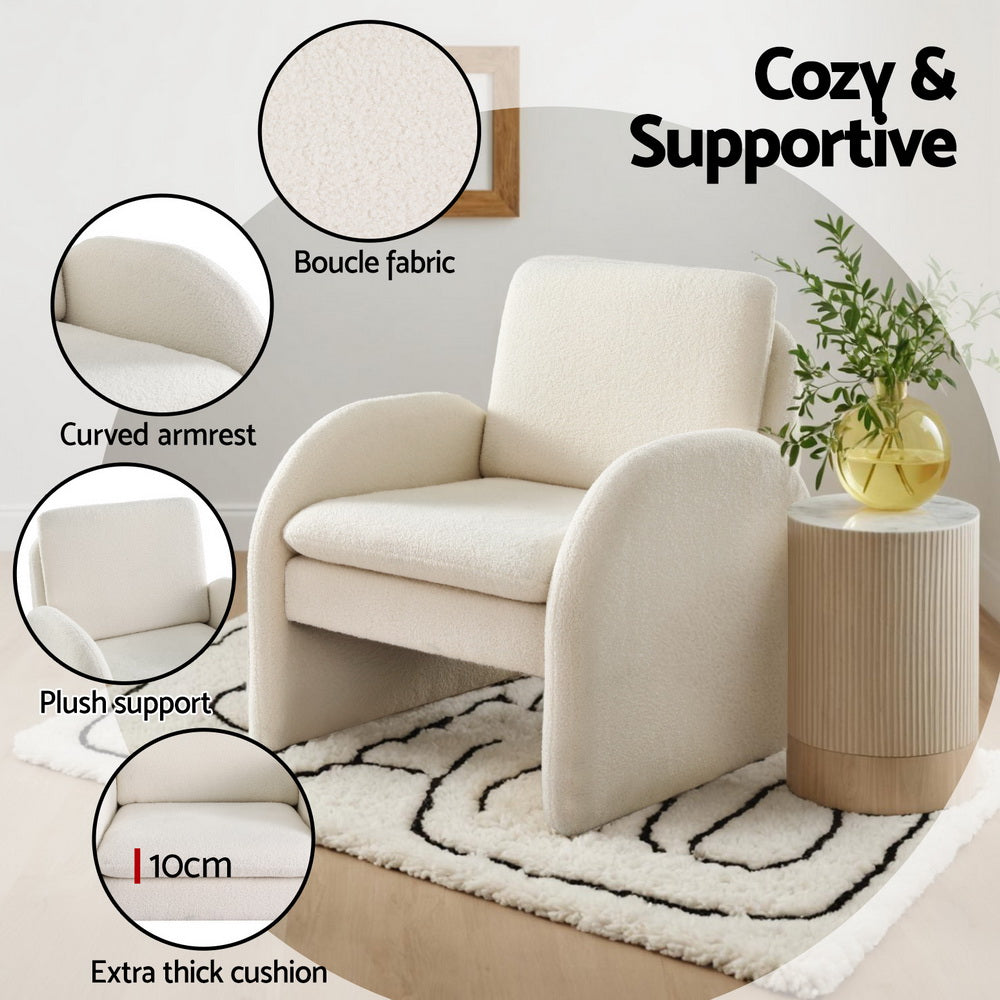 Arm Chairs & Recliners: Artiss Armchair Accent Chair Lounge Tub Sofa Couch Curved Arm Seat Boucle White