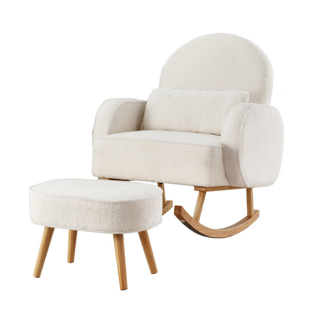 Arm Chairs & Recliners: Artiss Armchair Rocking Chair Ottoman Lounge Footrest Round Nursing Boucle White