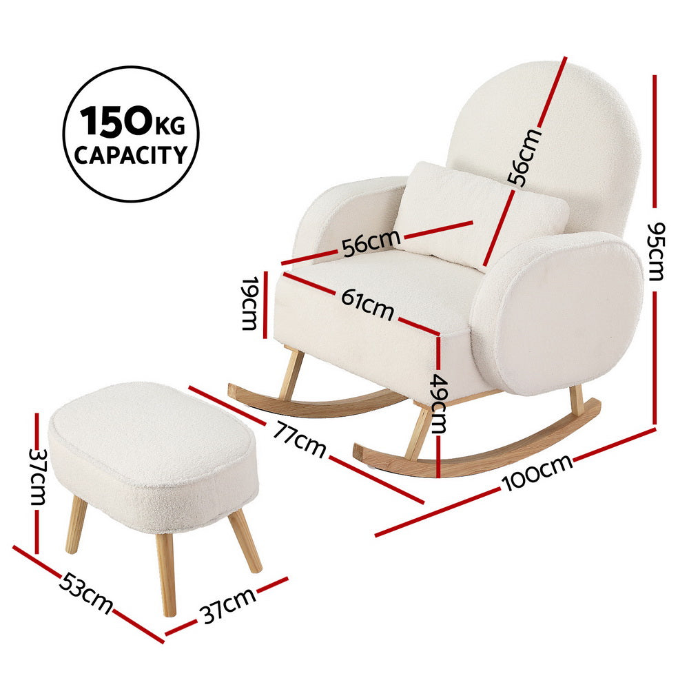 Arm Chairs & Recliners: Artiss Armchair Rocking Chair Ottoman Lounge Footrest Round Nursing Boucle White