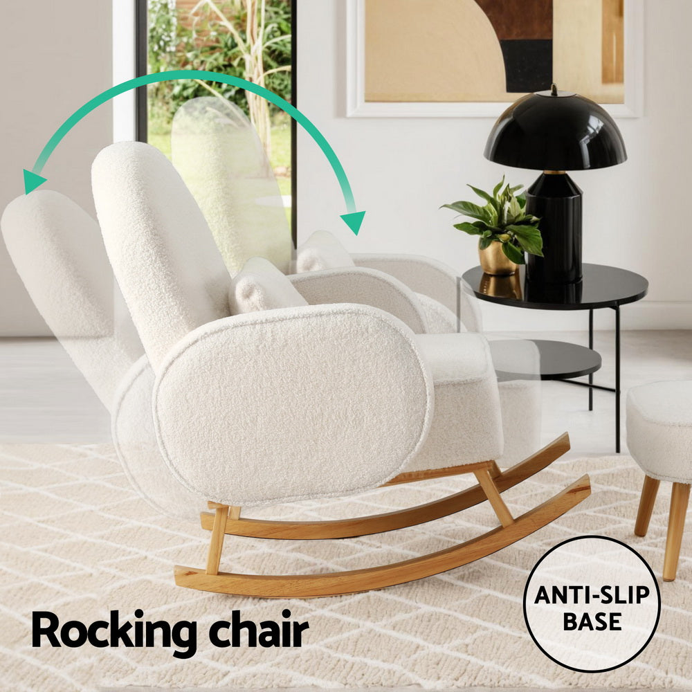 Arm Chairs & Recliners: Artiss Armchair Rocking Chair Ottoman Lounge Footrest Round Nursing Boucle White
