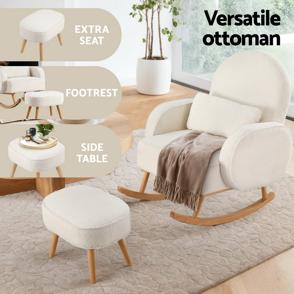 Arm Chairs & Recliners: Artiss Armchair Rocking Chair Ottoman Lounge Footrest Round Nursing Boucle White