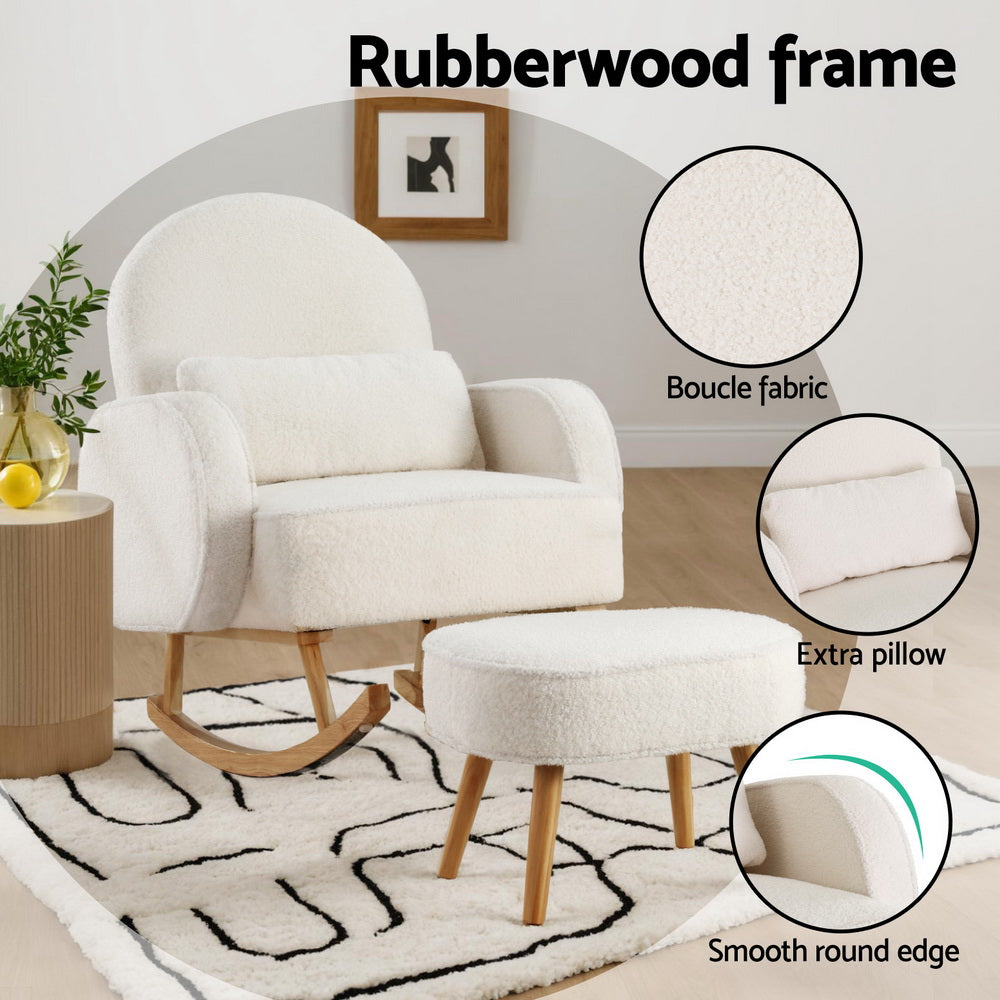 Arm Chairs & Recliners: Artiss Armchair Rocking Chair Ottoman Lounge Footrest Round Nursing Boucle White