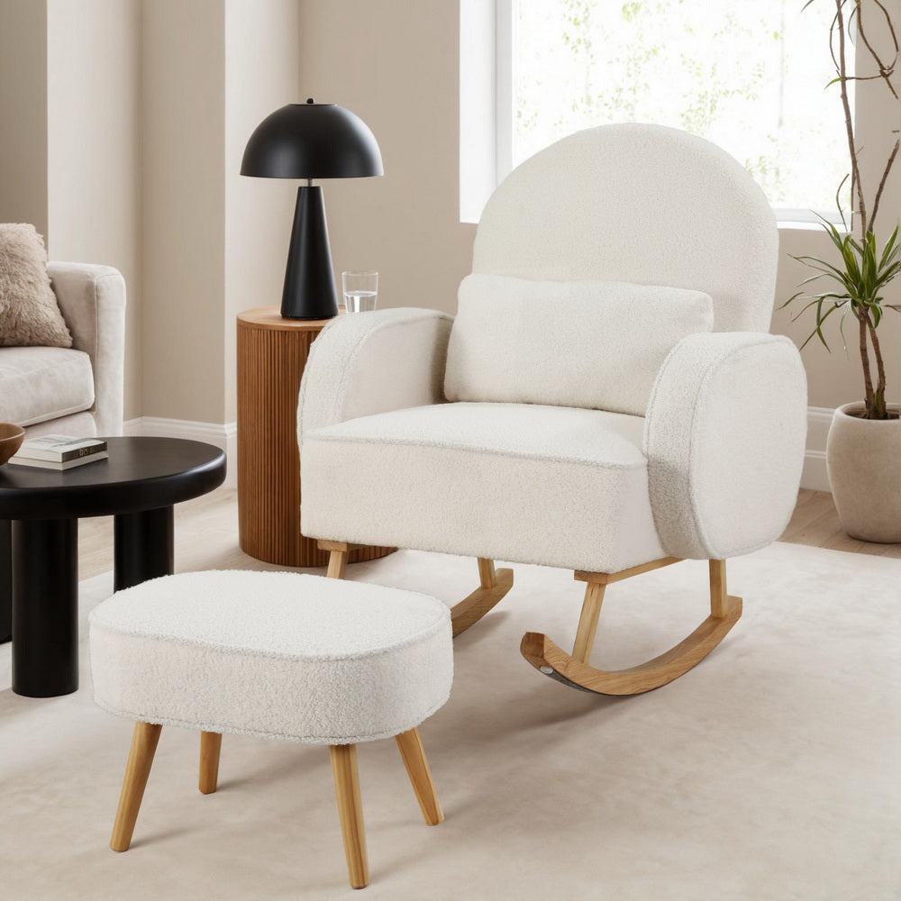 Arm Chairs & Recliners: Artiss Armchair Rocking Chair Ottoman Lounge Footrest Round Nursing Boucle White