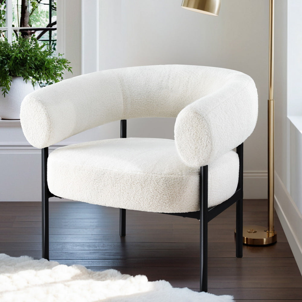 Arm Chairs & Recliners: Artiss Armchair Accent Chair Curved Boucle White