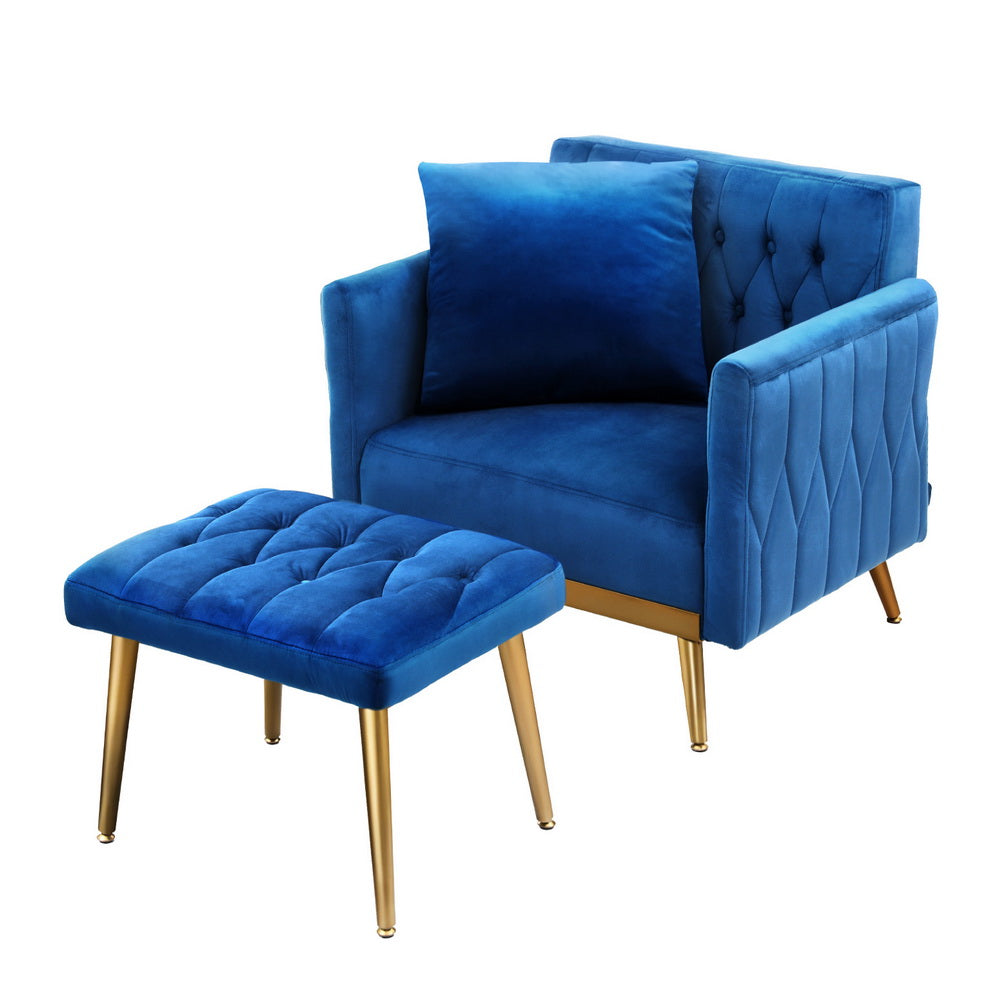 Arm Chairs & Recliners: Artiss Armchair Ottoman Accent Chair Pillow Velvet Blue