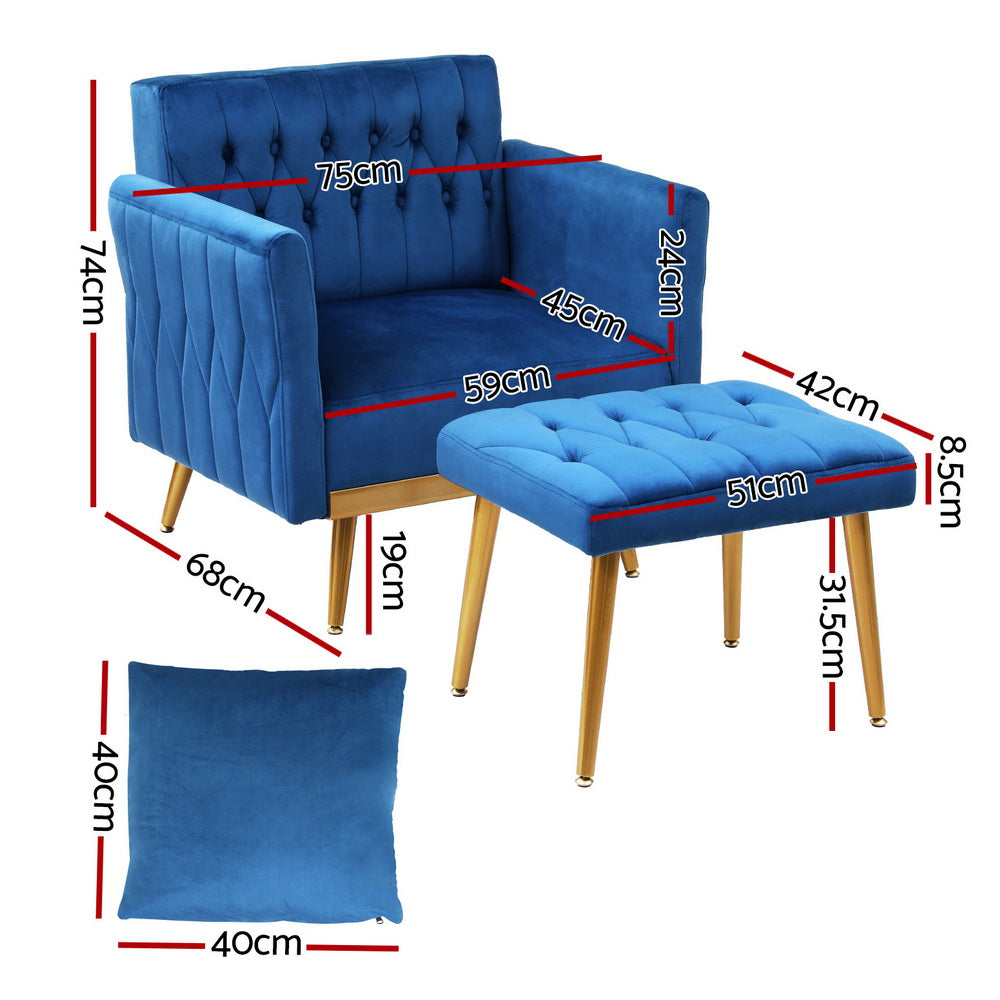 Arm Chairs & Recliners: Artiss Armchair Ottoman Accent Chair Pillow Velvet Blue
