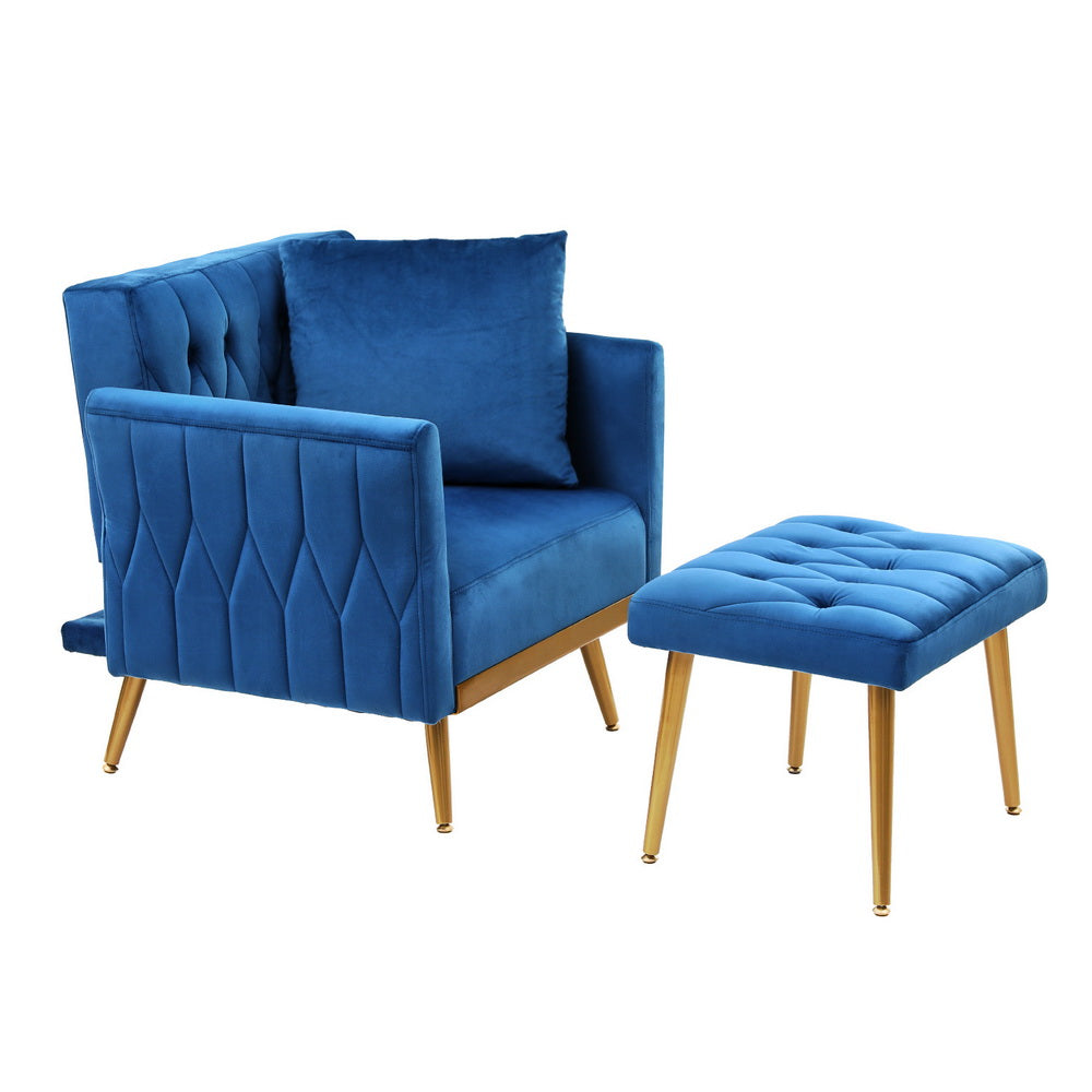 Arm Chairs & Recliners: Artiss Armchair Ottoman Accent Chair Pillow Velvet Blue