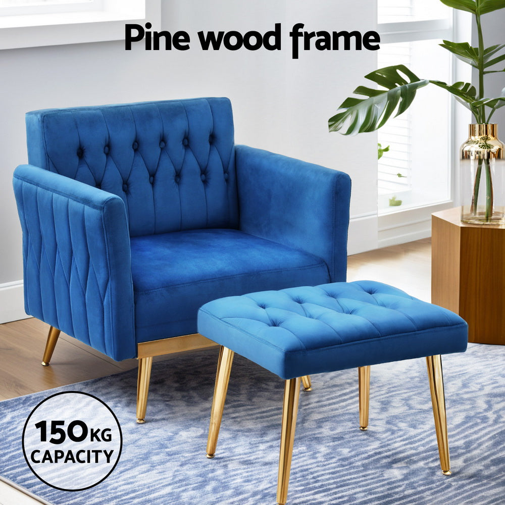 Arm Chairs & Recliners: Artiss Armchair Ottoman Accent Chair Pillow Velvet Blue