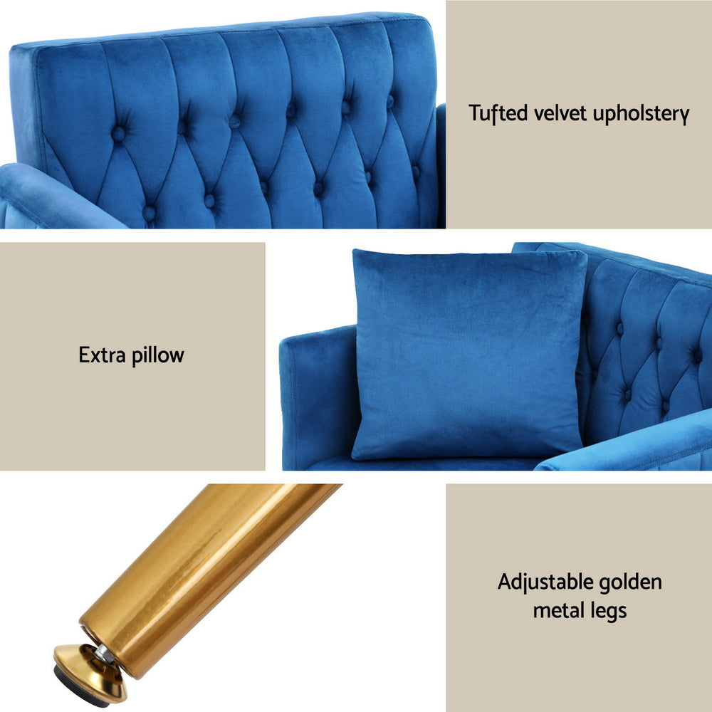 Arm Chairs & Recliners: Artiss Armchair Ottoman Accent Chair Pillow Velvet Blue