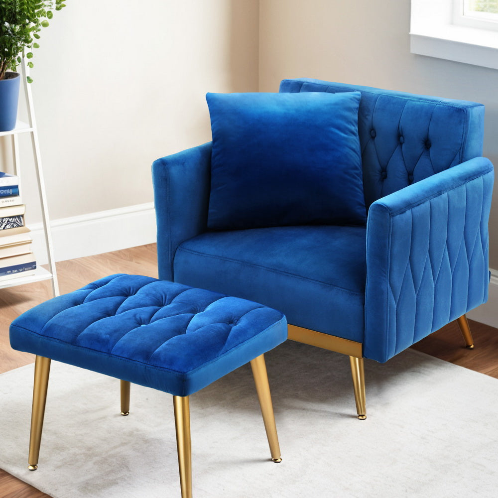 Arm Chairs & Recliners: Artiss Armchair Ottoman Accent Chair Pillow Velvet Blue