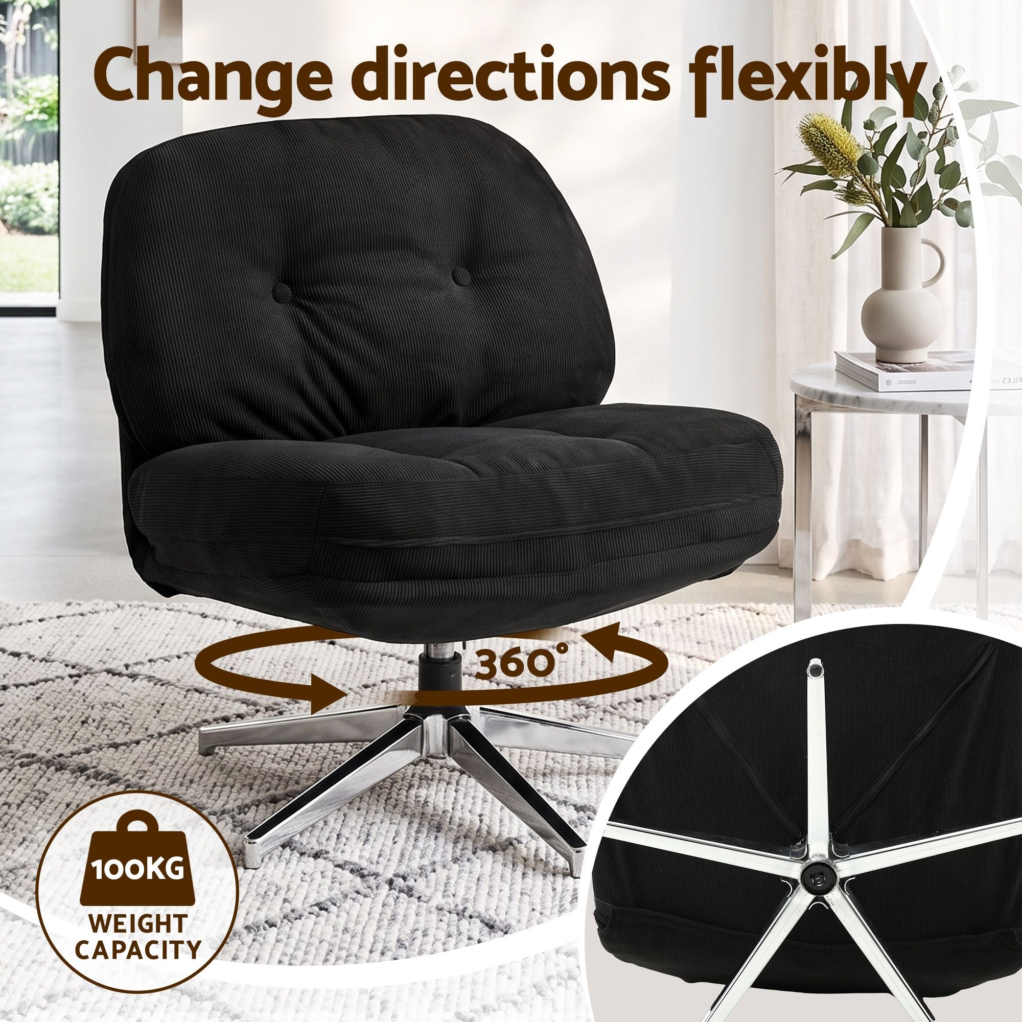 Artiss Swivel Chair Nursing Armchair Lounge Corduroy Steel Star Base Black
