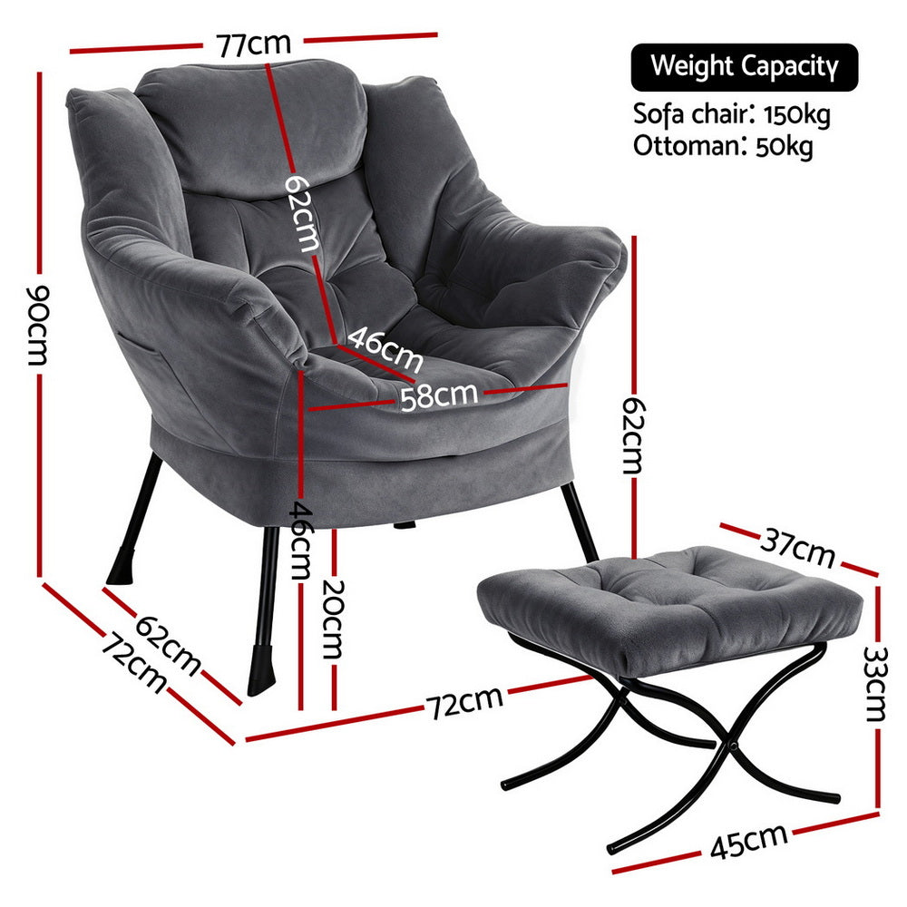 Arm Chairs & Recliners: Artiss Armchair Accent Chair Ottoman Lounge Footrest Velvet Grey