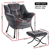Arm Chairs & Recliners: Artiss Armchair Accent Chair Ottoman Lounge Footrest Velvet Grey
